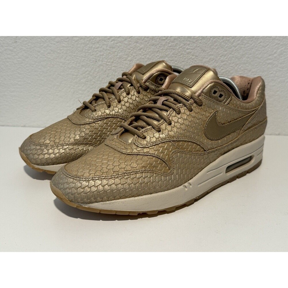 Nike Air Max 1 Womens Running Shoes Sz 12 Premium Gold Fish Sneakers 454746-900 - Picture 4 of 16